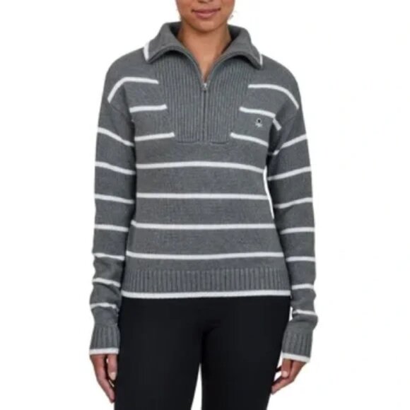 United Colors of Benetton Womens XL Gray White Striped 1/2 Zip Sweater - Picture 2 of 13